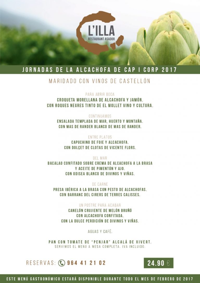 Menú de la alcachofa 2017 de Alcossebre L'illa Restaurant Asador